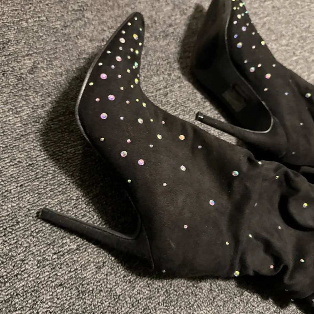 Rhinestone decor, slouch Elegant Black Studded Women's Boots - Picture 8 of 8